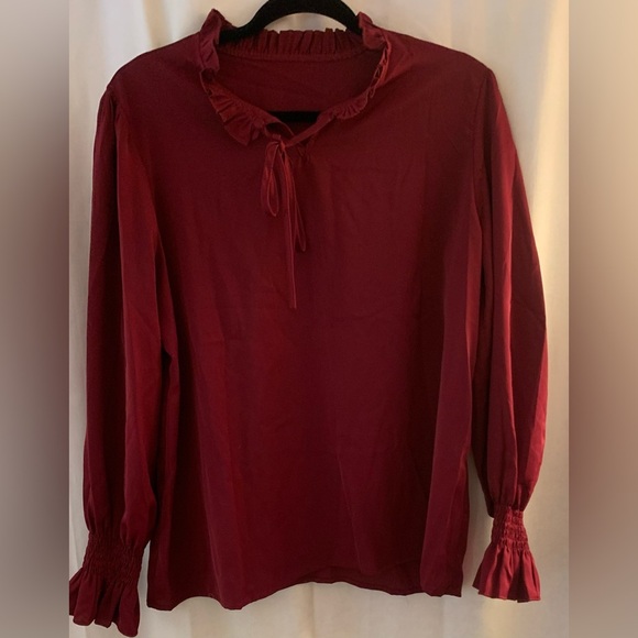 Women’s Red Blouse w/Ruffle Tie Collar & Elastic Smocked Long Sleeve; Size L - Picture 1 of 9